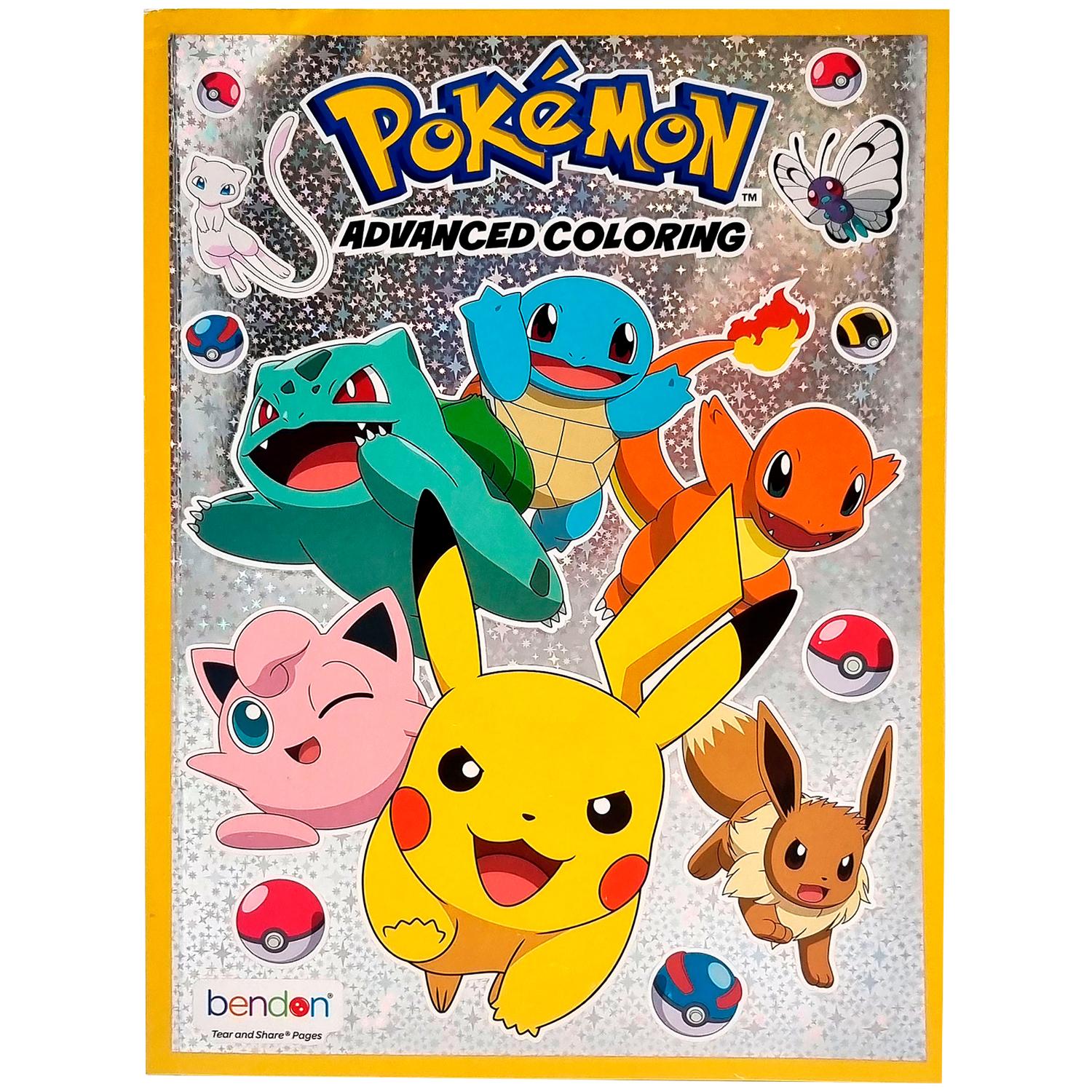 Pokémon-värityskirja, 40 sivua, hopeisella holografisella kannella, jossa on Pikachu, Bulbasaur, Squirtle, Charmander, Jigglypuff, Eevee, Mew ja Butterfree.
