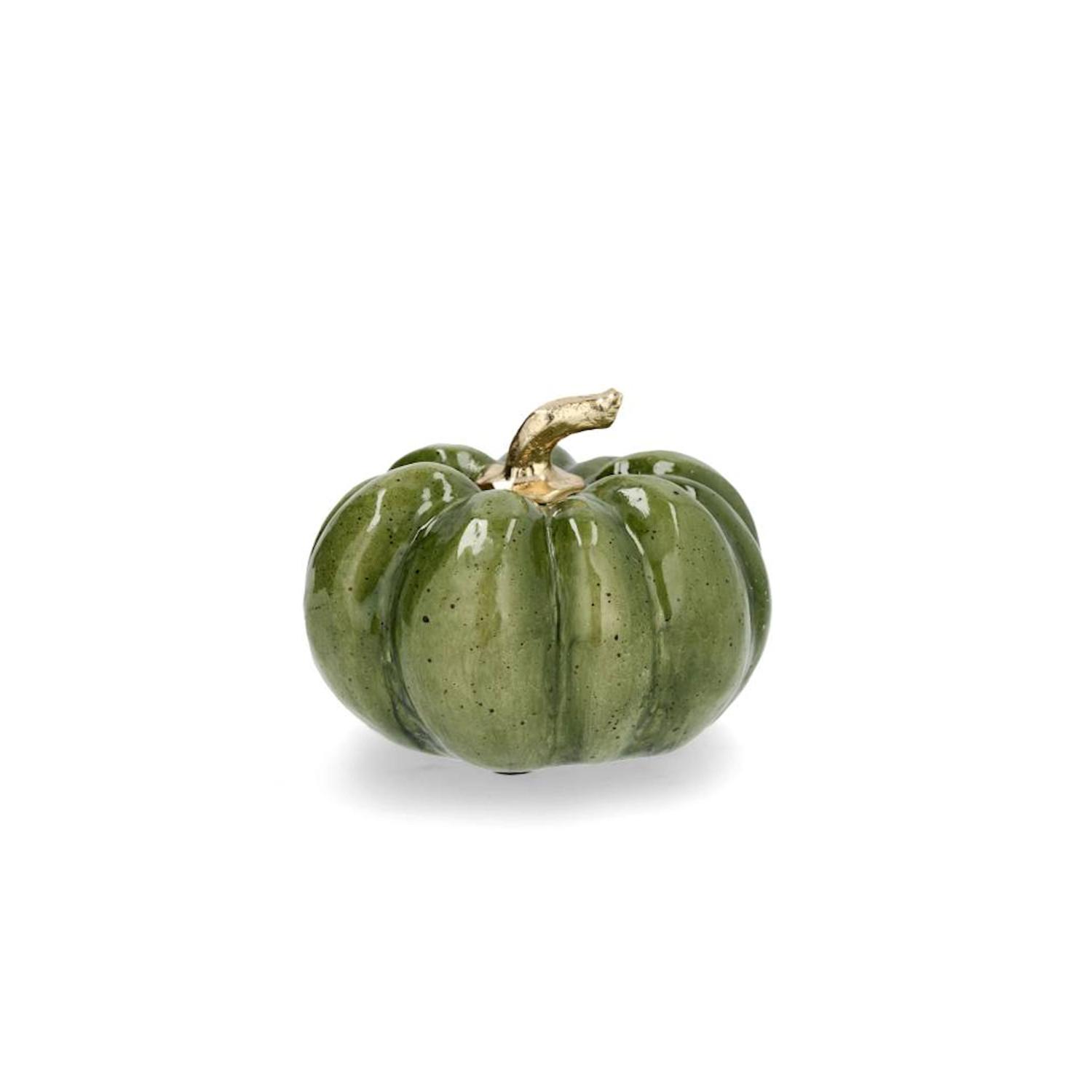 Pieni, kiiltävä vihreä kurpitsa, jossa on kultainen varsi, seisoo valkoisella taustalla.