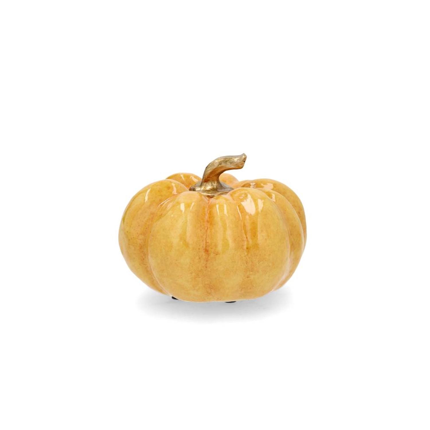 Pieni, kiiltävä kurpitsa, jossa on kultainen varsi, esillä yksinkertaisella valkoisella taustalla.