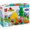 LEGO Duplo Peppa Pig -leirintämatka-rakennussarja, jossa on kaksi Peppa Pig -hahmoa, keltainen teltta, leirituli ja lisävarusteita.