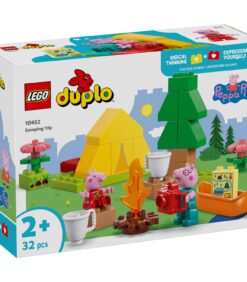 LEGO Duplo Peppa Pig -leirintämatka-rakennussarja, jossa on kaksi Peppa Pig -hahmoa, keltainen teltta, leirituli ja lisävarusteita.