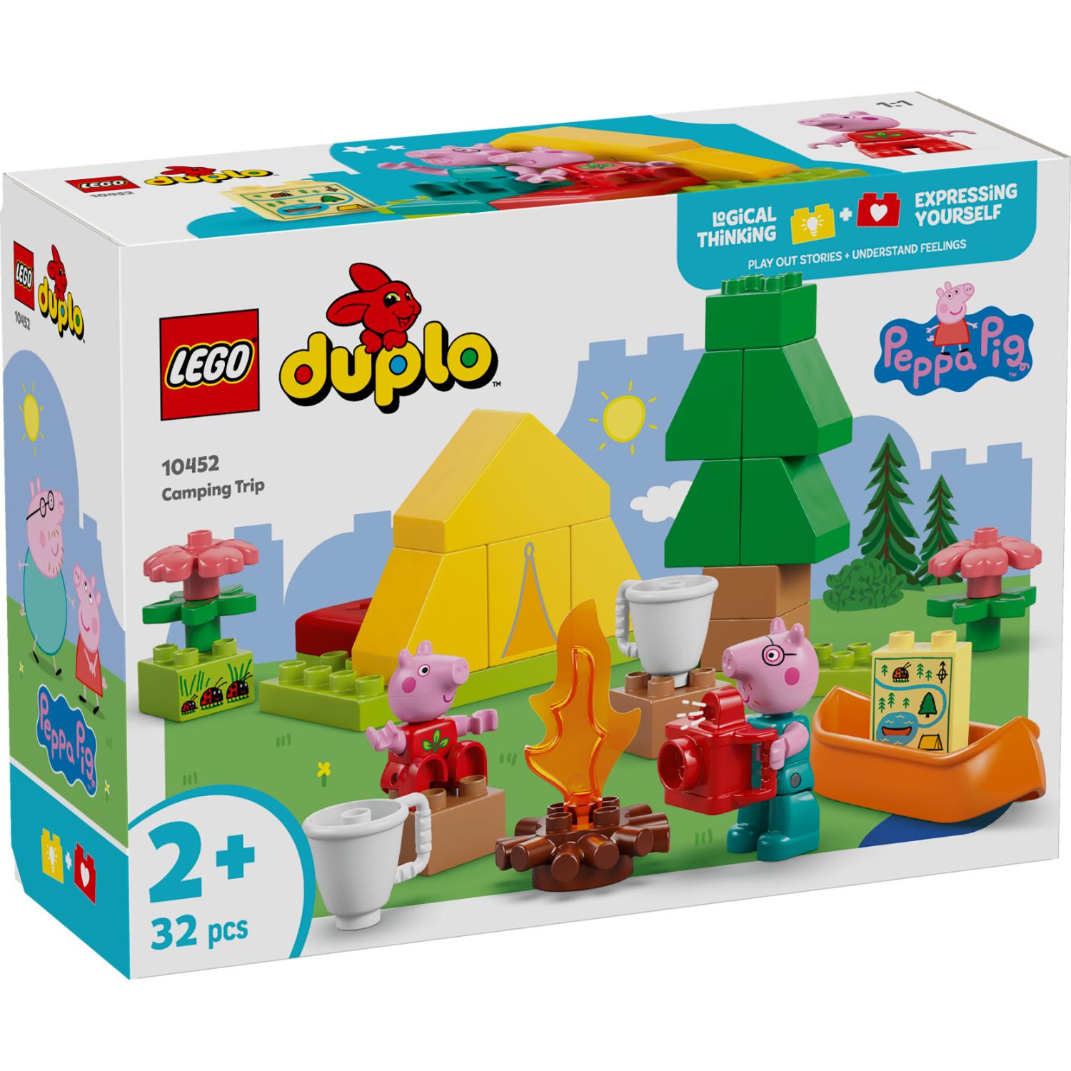 LEGO Duplo Peppa Pig -leirintämatka-rakennussarja, jossa on kaksi Peppa Pig -hahmoa, keltainen teltta, leirituli ja lisävarusteita.