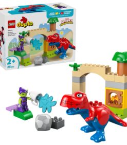 LEGO Duplo Spidey ja hänen upeat ystävänsä -dinosauruspaketti, joka sisältää punaisen ja sinisen T-Rex-hahmon, Green Goblin -hahmon, koottavan kivikaaren sekä hämähäkinverkon lisäosan.