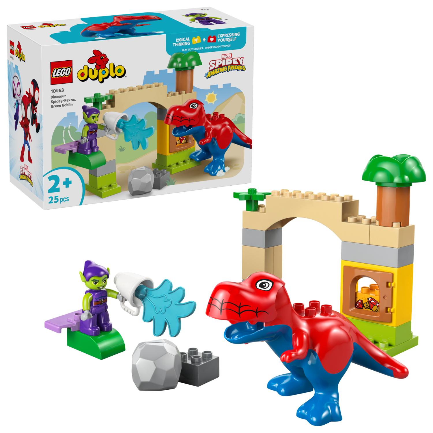 LEGO Duplo Spidey ja hänen upeat ystävänsä -dinosauruspaketti, joka sisältää punaisen ja sinisen T-Rex-hahmon, Green Goblin -hahmon, koottavan kivikaaren sekä hämähäkinverkon lisäosan.