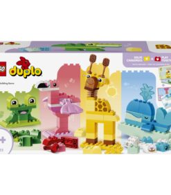 LEGO Duplo -eläinrakennussarja, jossa on rakennettavat hahmot: vihreä sammakko, vaaleanpunainen flamingo, keltainen kirahvi ja sininen valas.