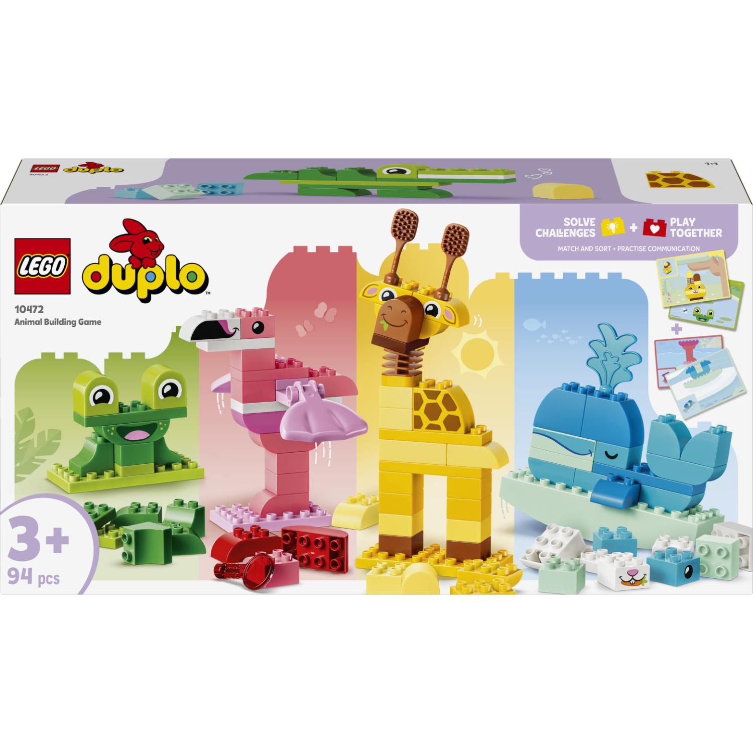 LEGO Duplo -eläinrakennussarja, jossa on rakennettavat hahmot: vihreä sammakko, vaaleanpunainen flamingo, keltainen kirahvi ja sininen valas.