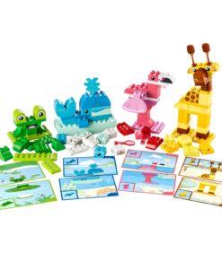LEGO DUPLO -eläinrakennussarjat, joissa on sammakko, valas, flamingo ja kirahvi sekä niihin liittyvät rakennusohjeet.