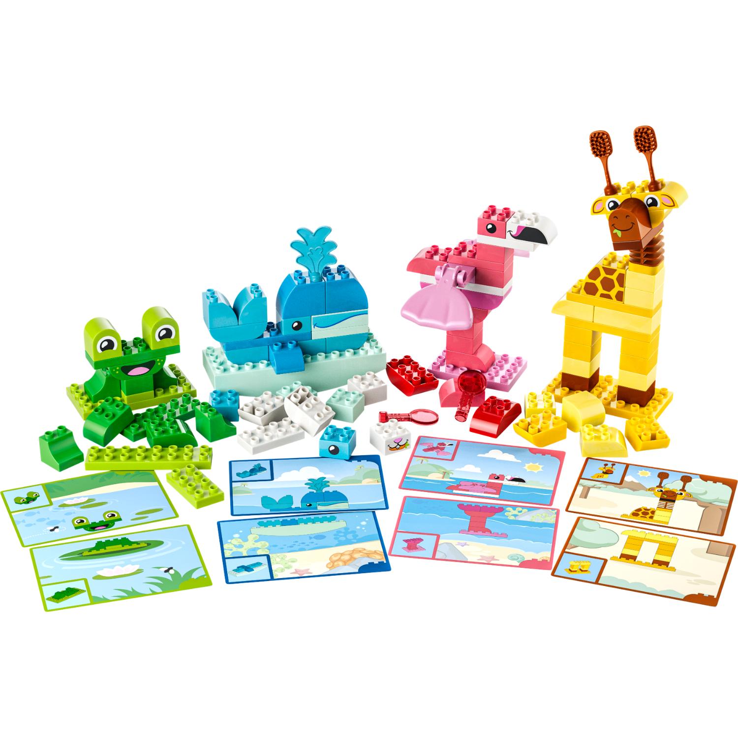LEGO DUPLO -eläinrakennussarjat, joissa on sammakko, valas, flamingo ja kirahvi sekä niihin liittyvät rakennusohjeet.