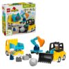 LEGO Duplo 3-in-1 -rakennusajoneuvosarja, johon kuuluu kippiauto, kaivinkone, puskutraktori, kaksi työntekijähahmoa ja kivi.
