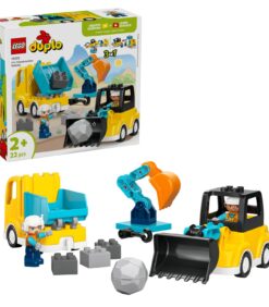 LEGO Duplo 3-in-1 -rakennusajoneuvosarja, johon kuuluu kippiauto, kaivinkone, puskutraktori, kaksi työntekijähahmoa ja kivi.