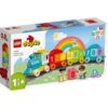 LEGO Duplo -numerojuna-sarja, jossa on värikäs veturi, numeroidut vaunut 0–9 ja kaksi lapsihahmoa.