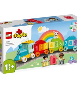 LEGO Duplo -numerojuna-sarja, jossa on värikäs veturi, numeroidut vaunut 0–9 ja kaksi lapsihahmoa.
