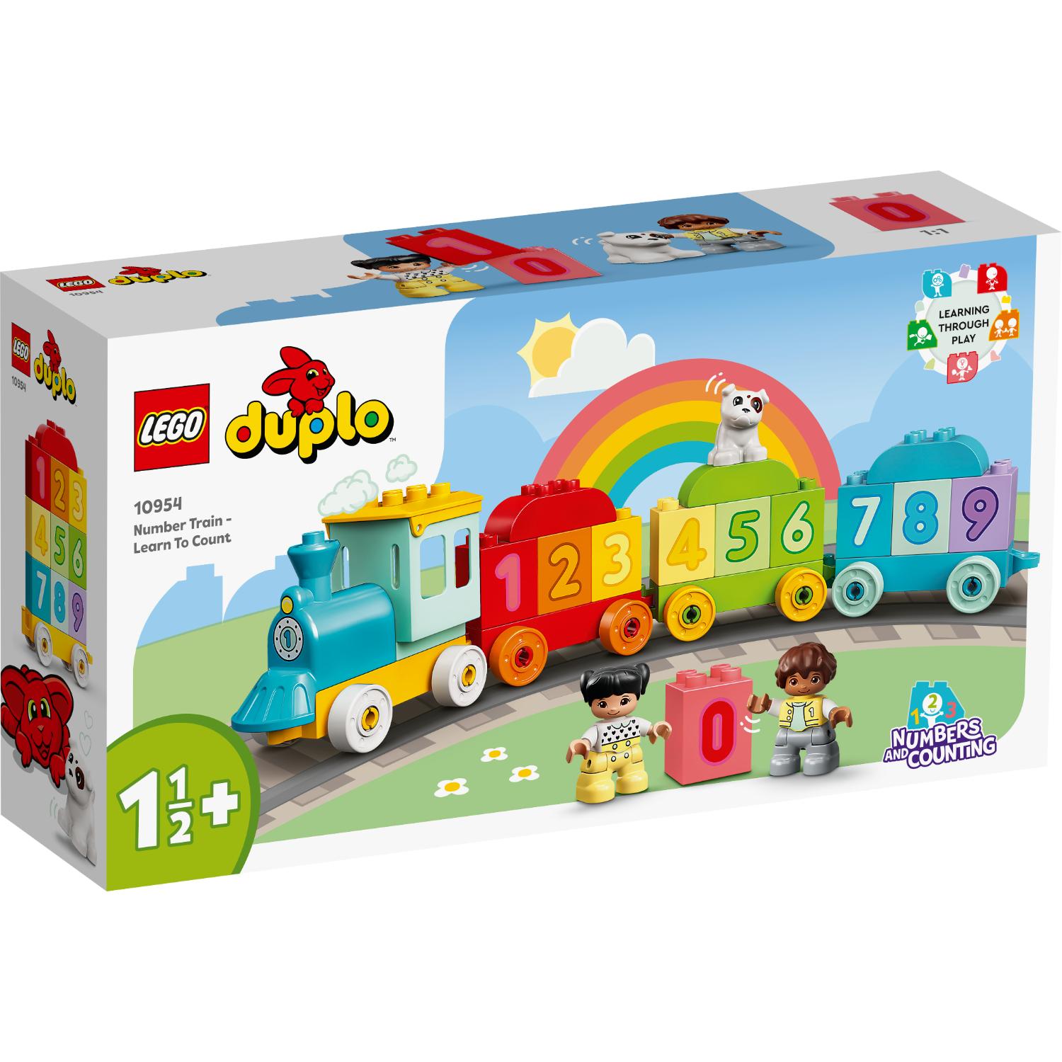 LEGO Duplo -numerojuna-sarja, jossa on värikäs veturi, numeroidut vaunut 0–9 ja kaksi lapsihahmoa.