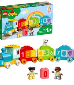 LEGO Duplo -numerojuna-sarja, johon kuuluu lelujuna numeroiduilla vaunuilla, kaksi hahmoa, koira sekä erillinen nollaluku-palikka.