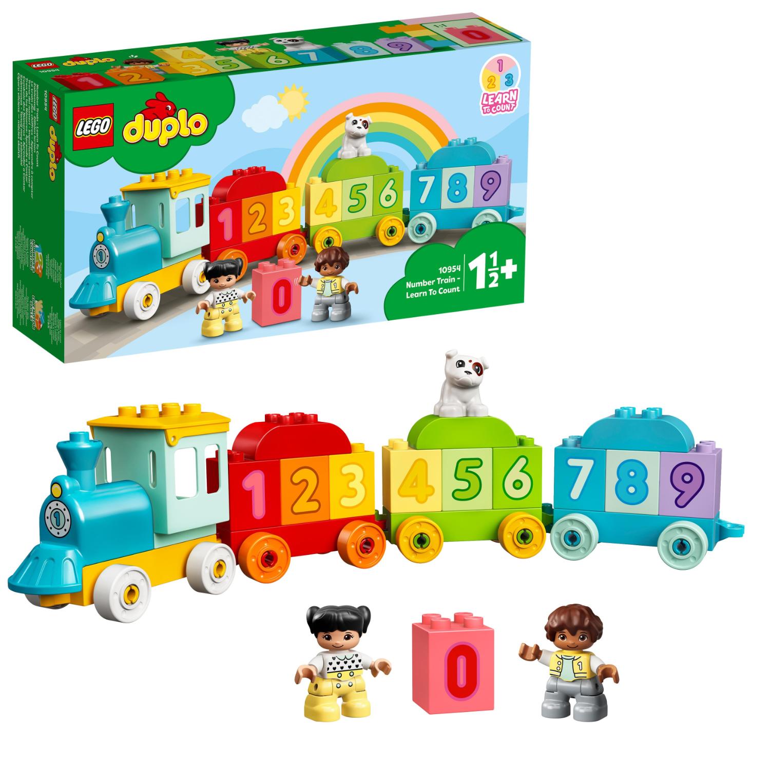 LEGO Duplo -numerojuna-sarja, johon kuuluu lelujuna numeroiduilla vaunuilla, kaksi hahmoa, koira sekä erillinen nollaluku-palikka.