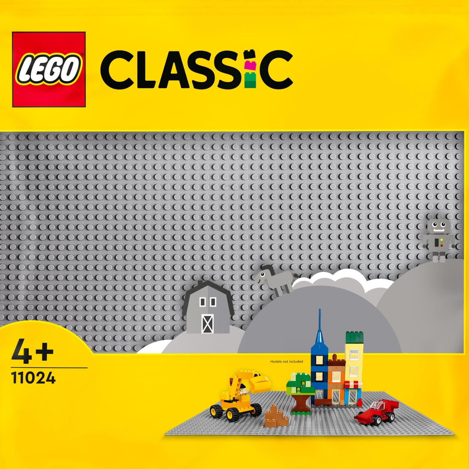 LEGO Classic -sarjan harmaa rakennuslevysarja, jossa on rakennuskone, pieniä rakennuksia ja auto.