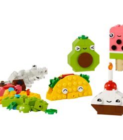 LEGO-rakennelmia, jotka esittävät avokadoa, jäätelöpuikkoa, tacoa ja kynttilällä varustettua kuppikakkua, sekä kasa irtonaisia värikkäitä palikoita.