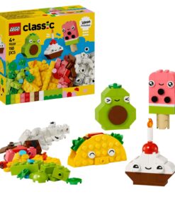 LEGO Classic Creative Fun -rakennussarjan pakkaus sekä kootut leluhahmot: avokado, jäätelöpuikko, taco ja cupcake.