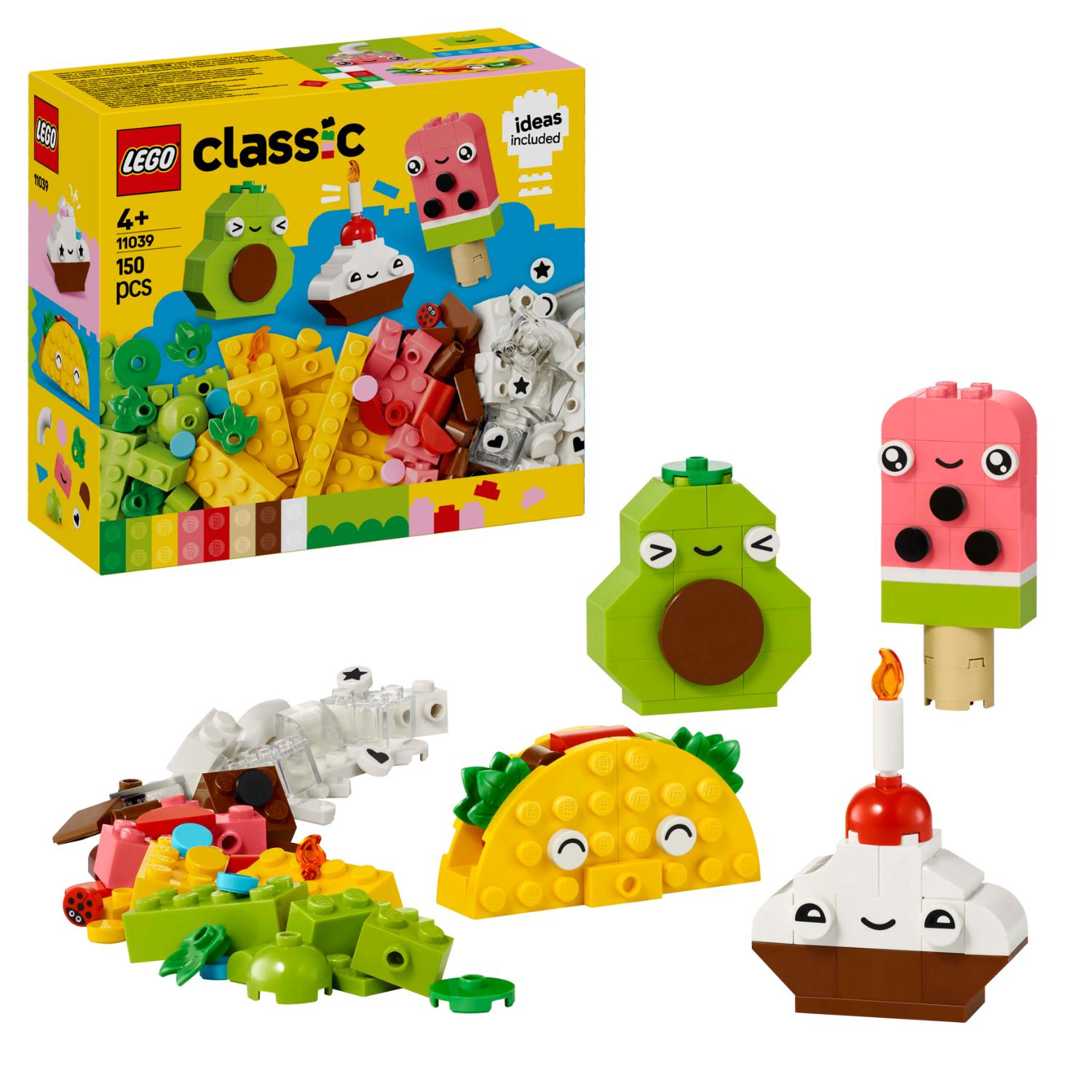 LEGO Classic Creative Fun -rakennussarjan pakkaus sekä kootut leluhahmot: avokado, jäätelöpuikko, taco ja cupcake.