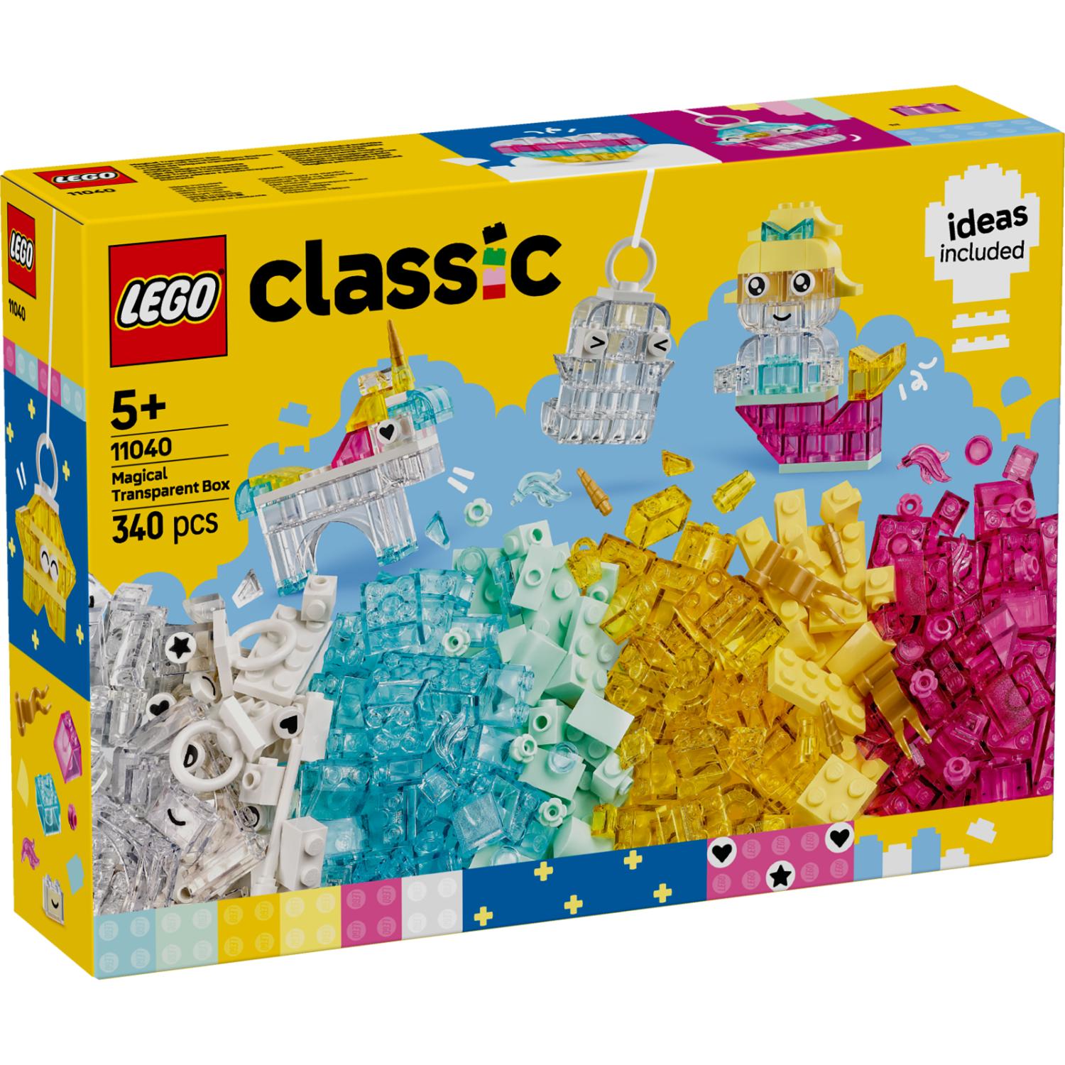 LEGO Classic Magical Transparent Box -rakennussarja, jossa on värikkäitä läpikuultavia palikoita sekä yksisarvisen, aaveen ja merenneidon mallit.