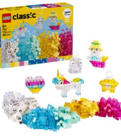 LEGO Classic Magical Transparent Box -rakennussarja, jossa on värikkäitä läpikuultavia palikoita ja erilaisia rakennettavia hahmoja, kuten yksisarvinen, merenneito ja tähti.