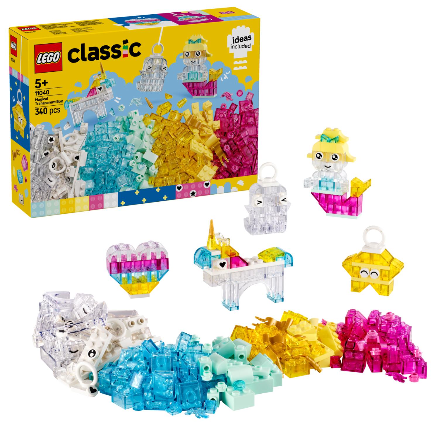 LEGO Classic Magical Transparent Box -rakennussarja, jossa on värikkäitä läpikuultavia palikoita ja erilaisia rakennettavia hahmoja, kuten yksisarvinen, merenneito ja tähti.