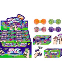 Värikäs esittelylaatikko, jossa on kuvia Two-Pop Squeeze Dumbbell -sormileikkikaluista: kuvissa näkyvät lelut, pakkaus sekä sarjakuvamaiset kädet, jotka puristavat ja ravistelevat niitä. Esillä on neljä pop-käsipainoa: oranssi, vihreä, vaaleanpunainen ja violetti.
