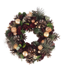 Joulukranssi, kultaisia joulupalloja, käpyjä, havuja