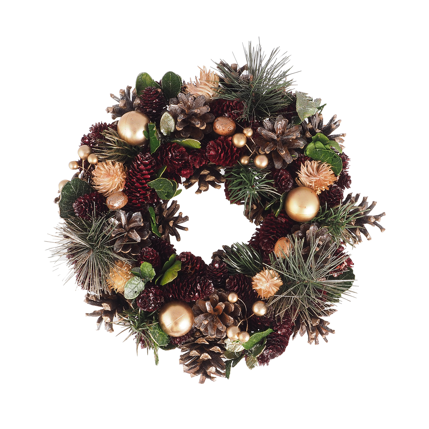 Joulukranssi, kultaisia joulupalloja, käpyjä, havuja