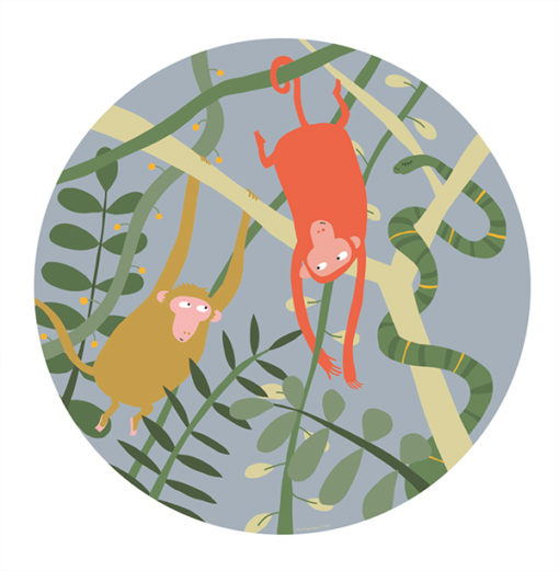 Viidakko lautanen 20cm -kuosissa on oranssi apina, joka roikkuu ylösalaisin, ja keltainen apina, joka heiluu toisesta kädestä, molemmat vehreässä viidakossa, jossa on vihreitä lehtiä ja käärme oksien välissä.