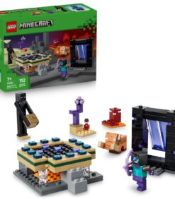 LEGO Minecraft Nether & End Portal Journey -rakennussarja, johon kuuluu Enderman, panssaroitu hahmo ja portaalirakenne.
