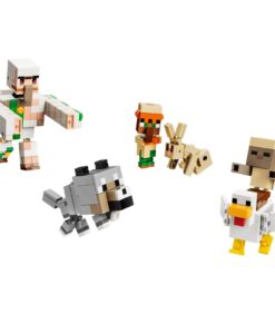 LEGO Minecraft -hahmot, joihin kuuluu rautagolemi, susi, kyläläinen, kani, kana ja vauvazombie.