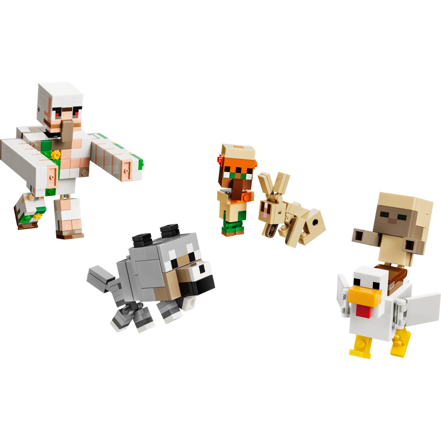 LEGO Minecraft -hahmot, joihin kuuluu rautagolemi, susi, kyläläinen, kani, kana ja vauvazombie.