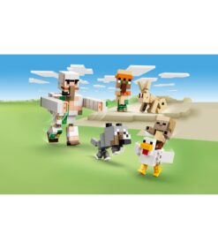 LEGO Minecraft -sarja, jossa on rautagolemi, kyläläinen, kani, susi ja kanan selässä ratsastava vauvazombie.
