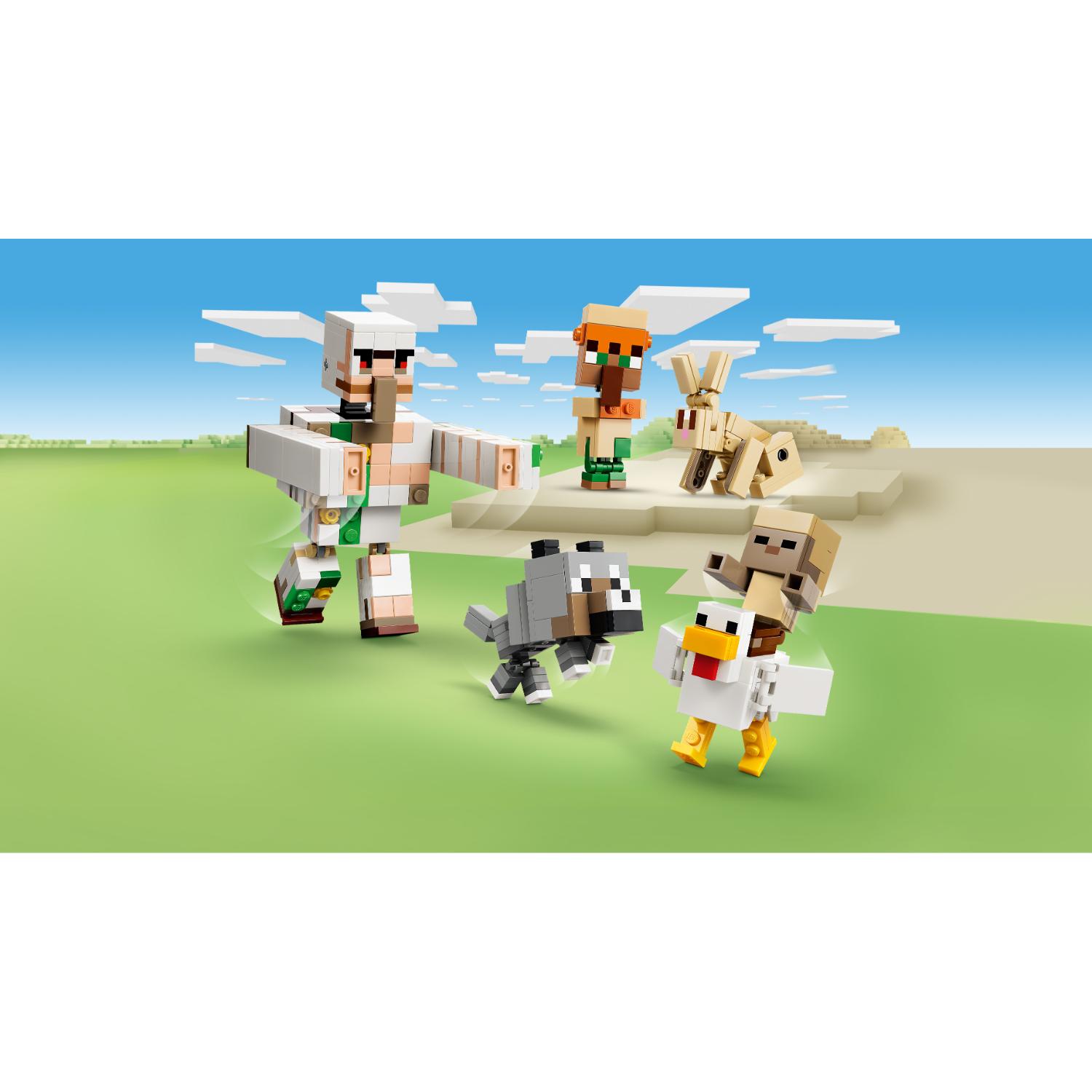 LEGO Minecraft -sarja, jossa on rautagolemi, kyläläinen, kani, susi ja kanan selässä ratsastava vauvazombie.