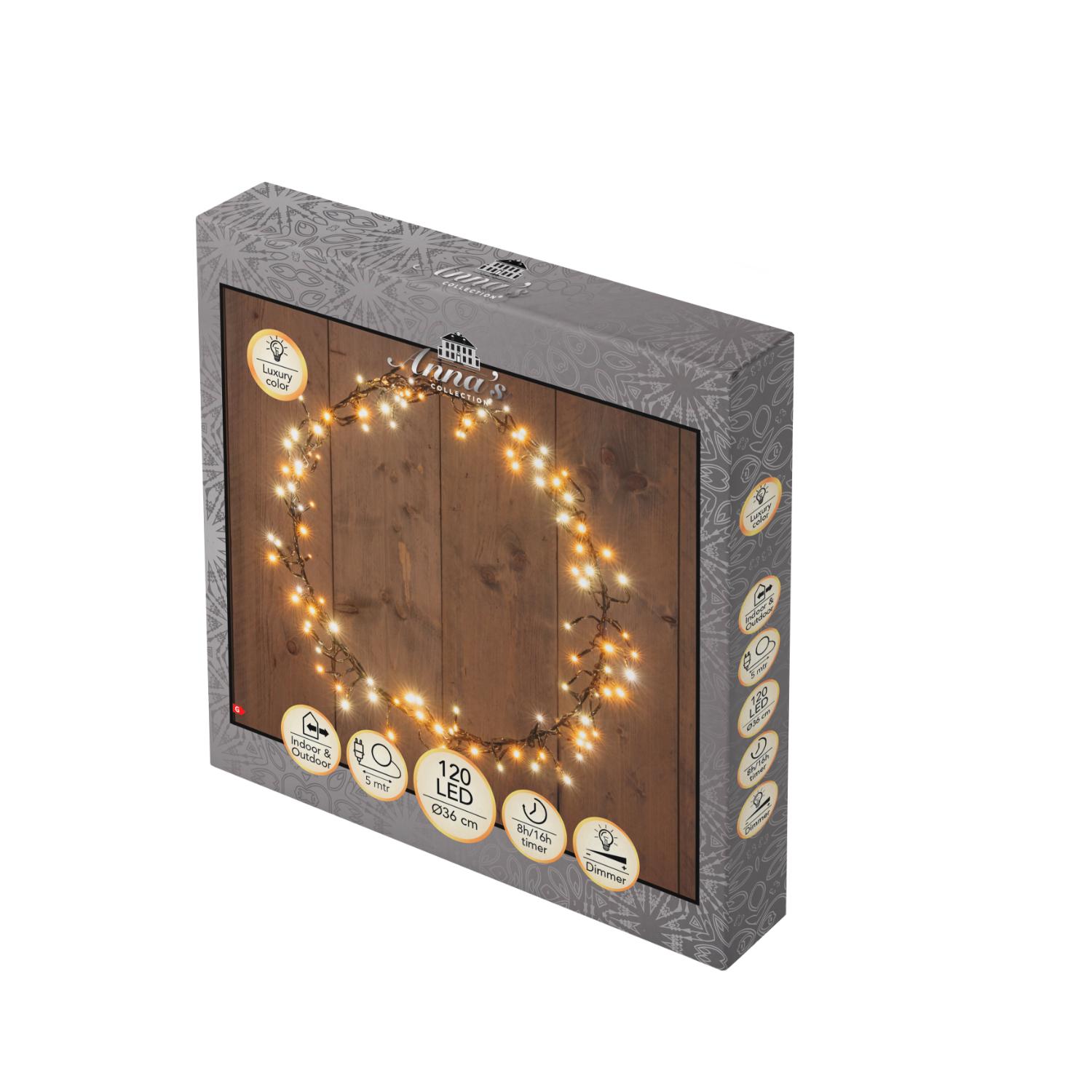 Annas Collection 120 LED -seppeleen pakkaus, joka soveltuu sekä sisä- että ulkokäyttöön; mukana 5 metrin johto, halkaisija 36 cm, 8h/16h-ajastin ja himmennystoiminnot.