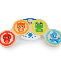 Baby Einstein -musiikkirumpulelu, jossa on neljä värikästä sarjakuvahahmoa: lintu, tiikeri, sammakko ja mustekala.