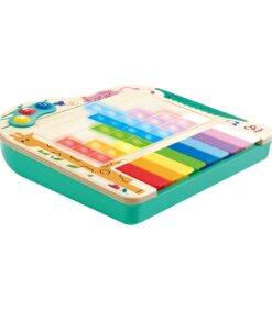 Hape-musiikkilelu, jossa on elektroninen valaistu ruudukko ja monivärinen pianonäppäimistö.