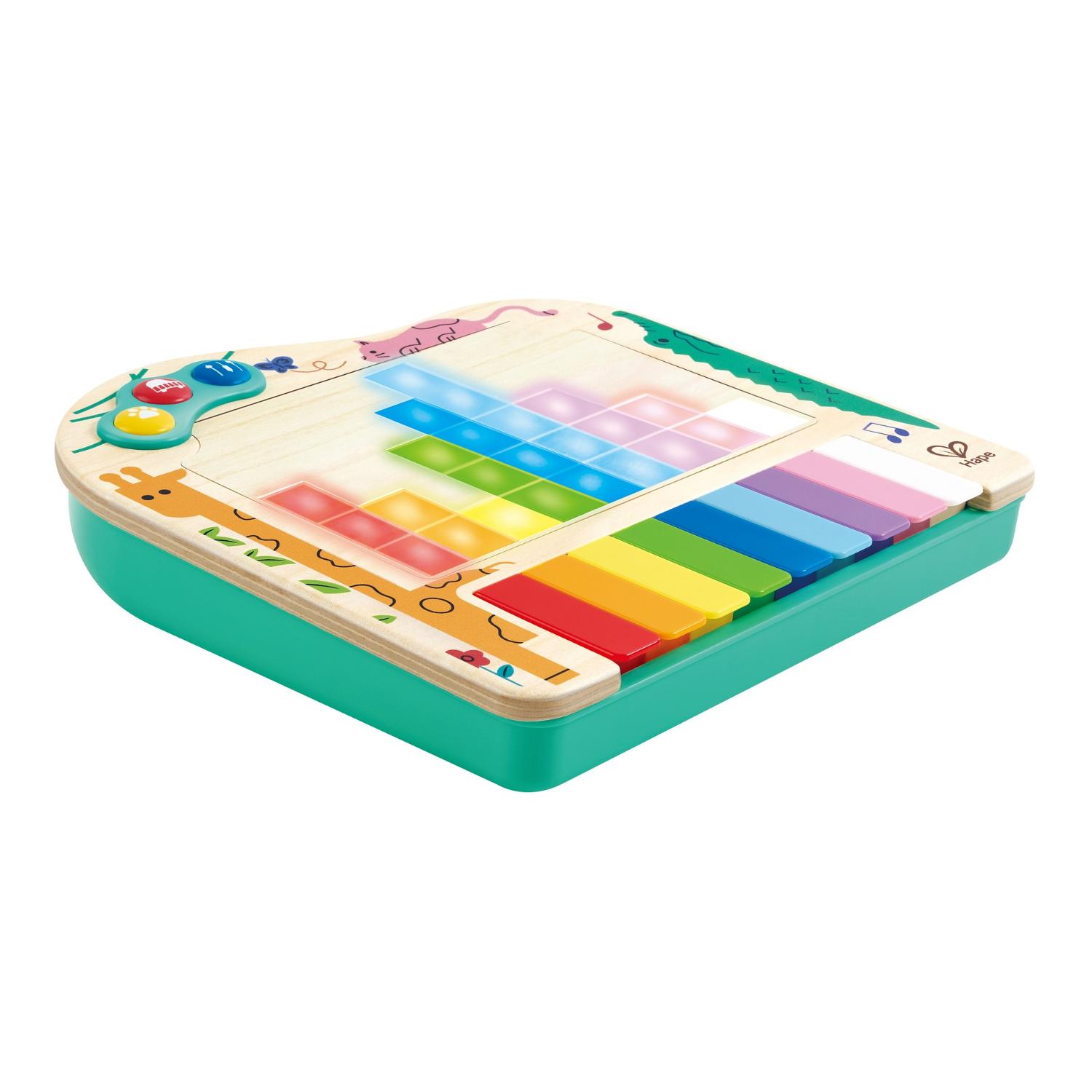 Hape-musiikkilelu, jossa on elektroninen valaistu ruudukko ja monivärinen pianonäppäimistö.
