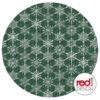 Vihreä pyöreä kuvio, jossa toistuu valkoisia lumihiutaleita ja jossa on hienovarainen kankaan tekstuuri. Oikeassa alakulmassa on pieni pyöreä logo, jossa lukee punaisella ja mustalla tekstillä ”red DESIGN lunos”.