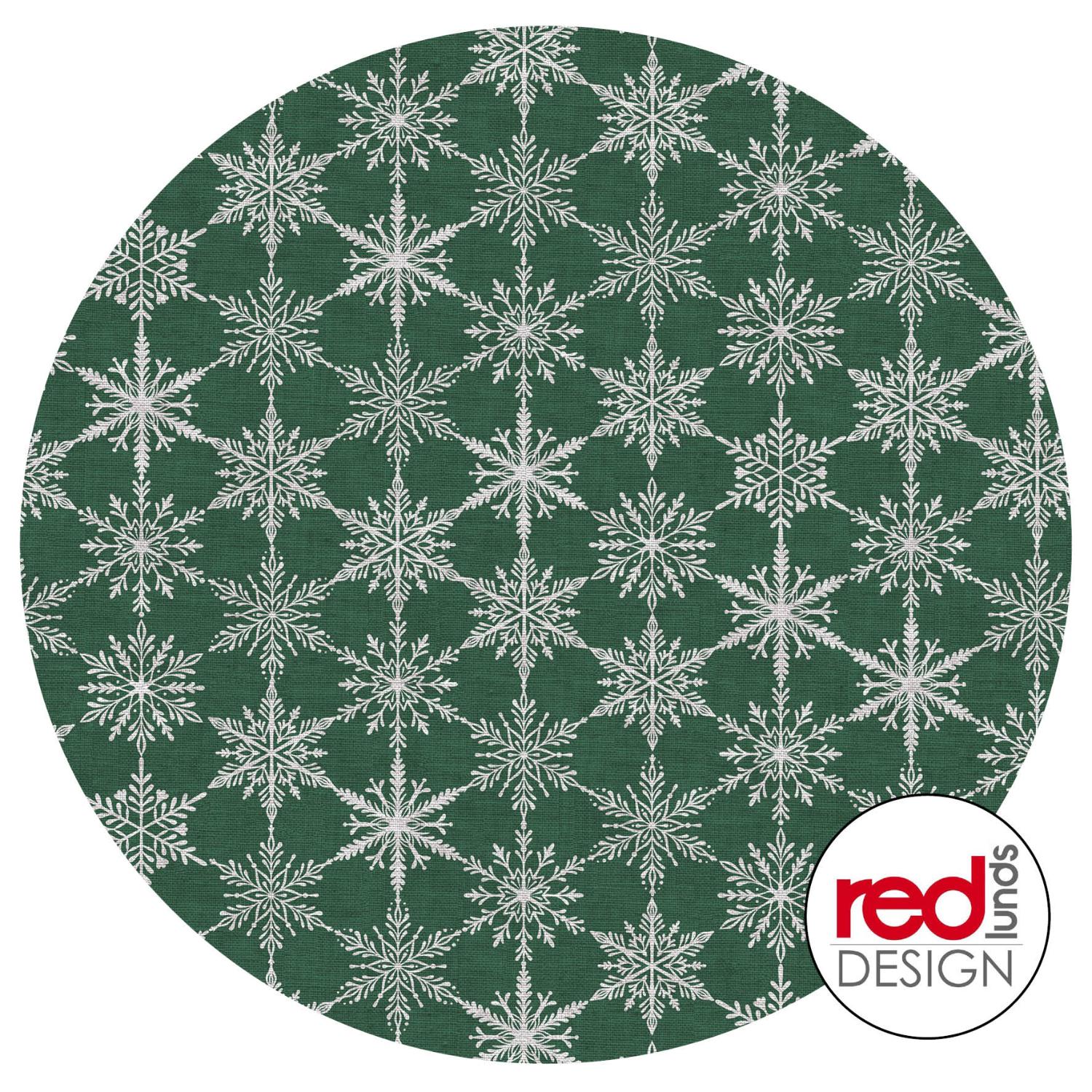 Vihreä pyöreä kuvio, jossa toistuu valkoisia lumihiutaleita ja jossa on hienovarainen kankaan tekstuuri. Oikeassa alakulmassa on pieni pyöreä logo, jossa lukee punaisella ja mustalla tekstillä ”red DESIGN lunos”.