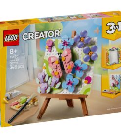 LEGO Creator 3-in-1 Floral Art Painting -rakennussarjan pakkaus, jossa näkyy palikoista rakennettu perhonen ja kukkia maalaustelineellä sekä maalipaletti ja sivellin.
