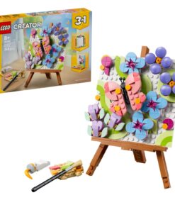 LEGO Creator 3-in-1 -kukataidesarja, joka on rakennettu näyttelytelineelle ja jossa on palikoista rakennettu perhonen ja kukkia sekä pieni paletti ja sivellin.