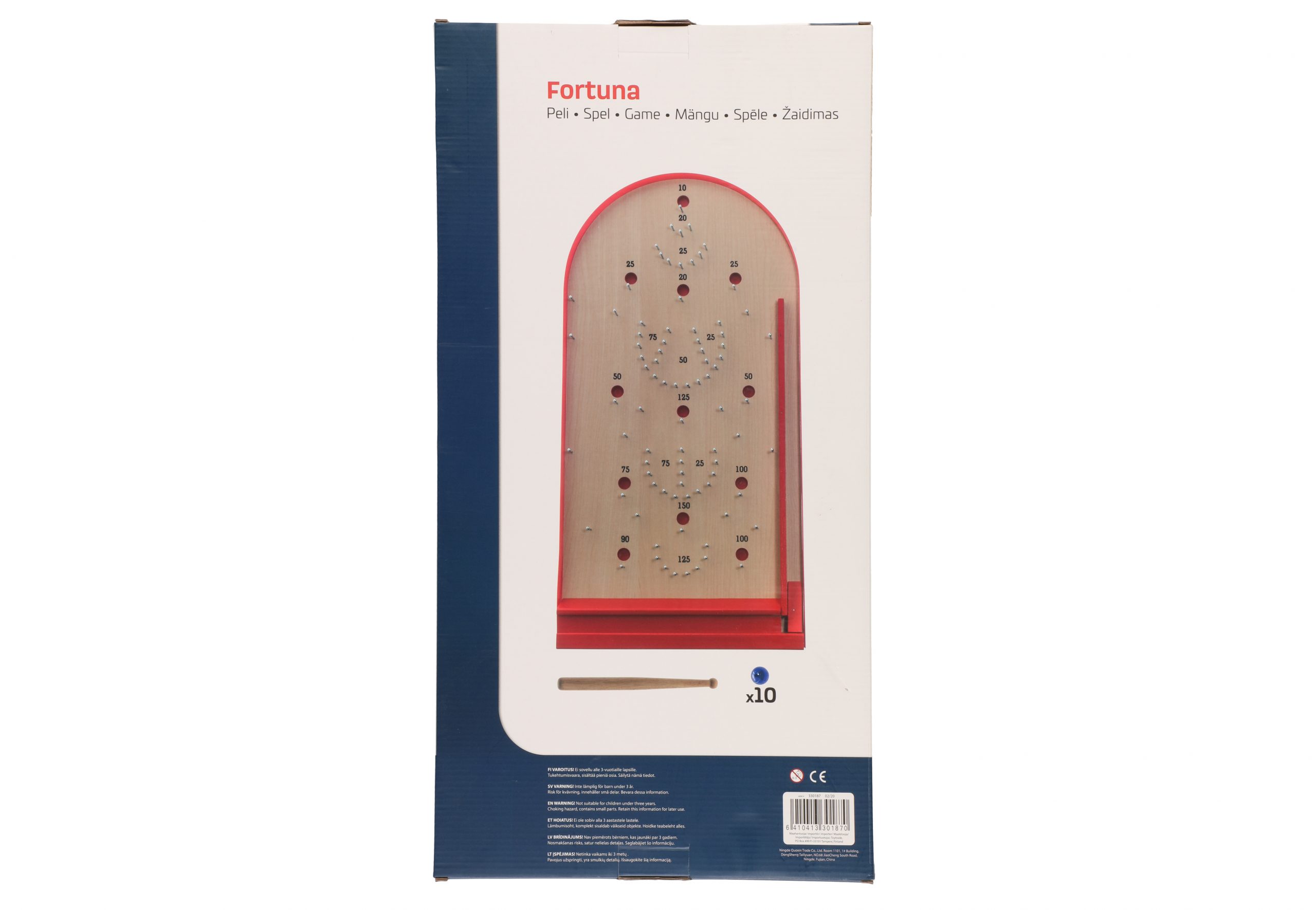 Fortuna peli -pelilaatikollinen puinen flipperipeli sisältää pystysuoran pelilaudan, jossa on metallitapit, punainen pohja, laukaisulaite ja kuulat. Pakkauksen yläosassa näkyy nimi useilla kielillä.