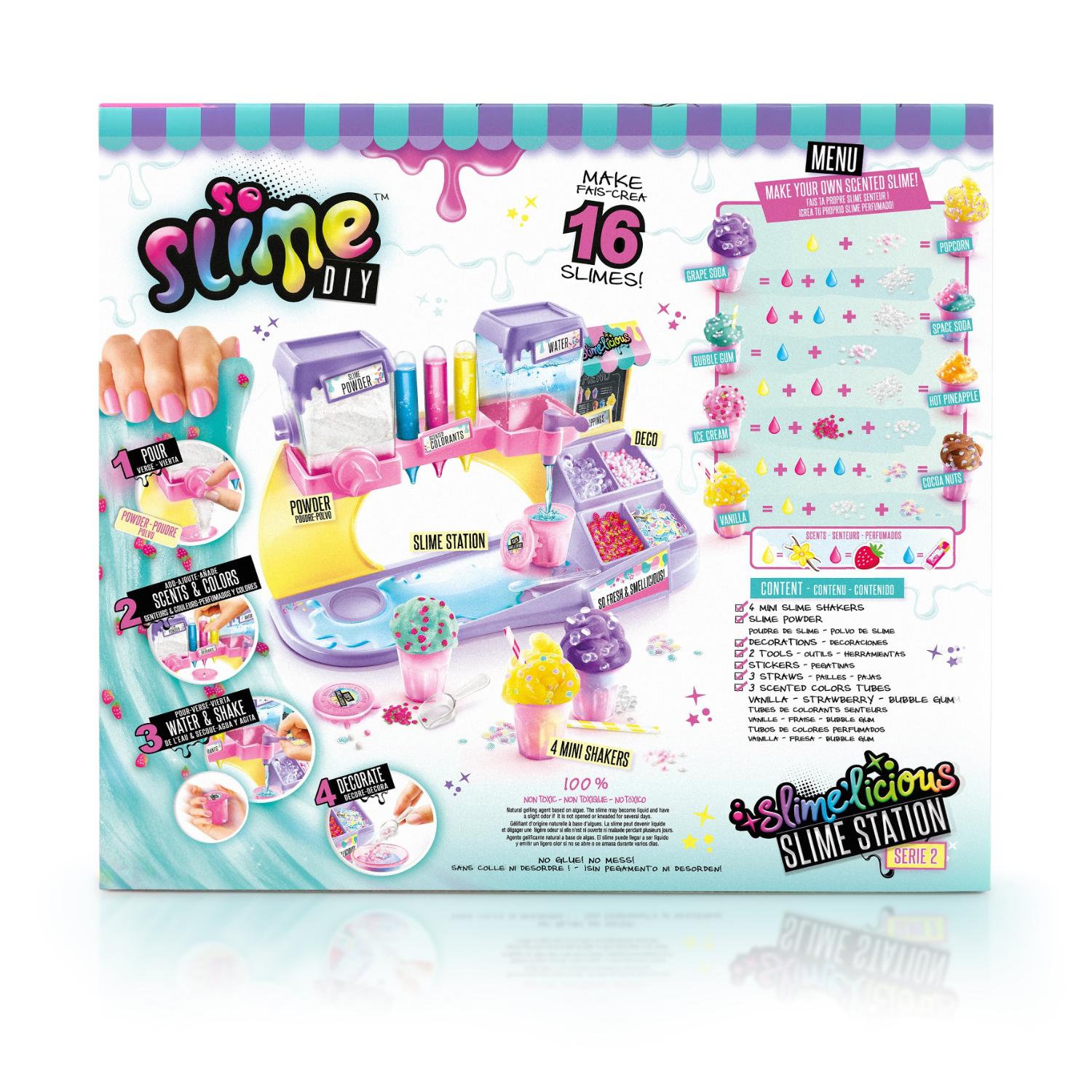 Värikäs laatikko So Slime DIY Slime Station -lelusarjaan. Siinä on kuvattu slimen valmistustarvikkeita, astioita ja koristeita sekä ohjeet ja värikäs valikko 16 tuoksuvan slimen valmistamiseen. Kirkkaat kuvat luovat hauskan ja leikkisän tunnelman.