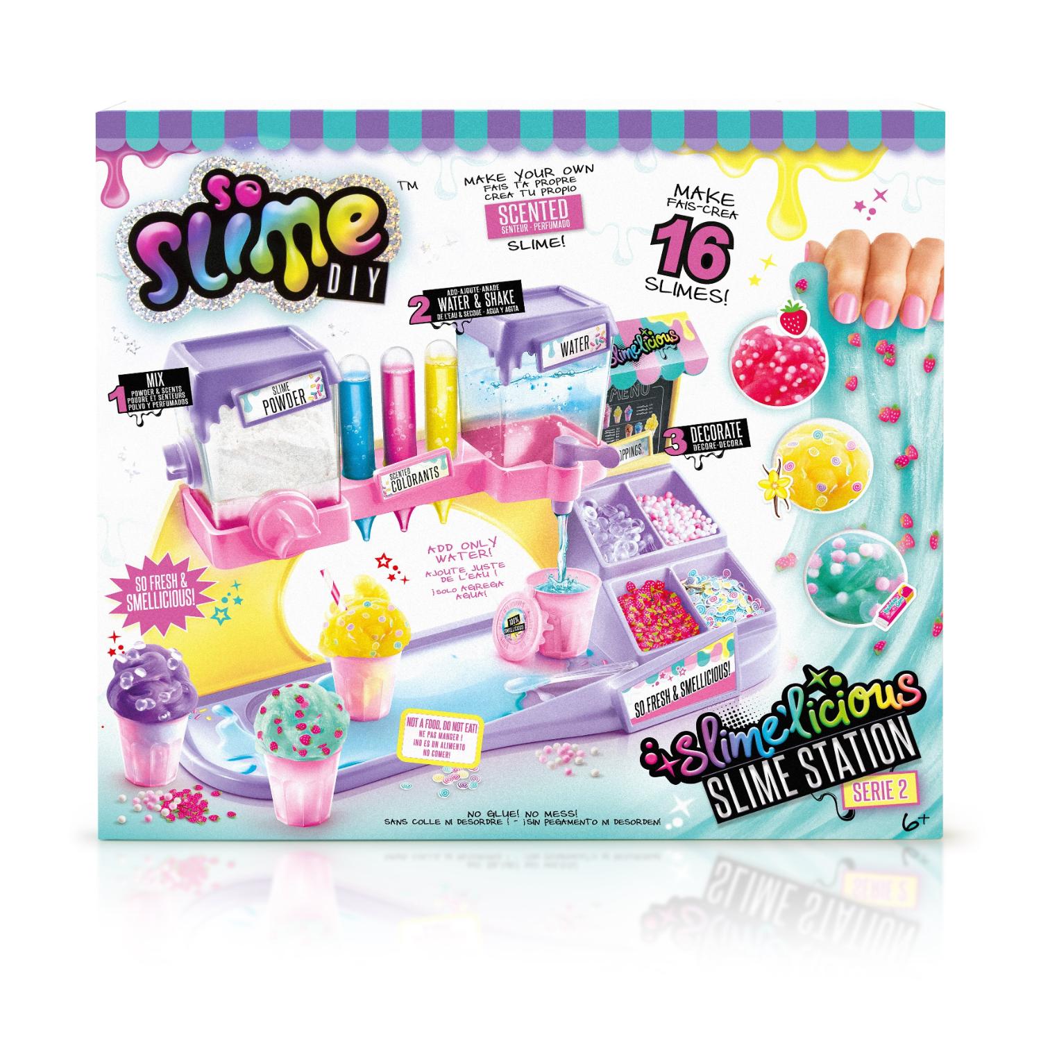 Värikäs ”So Slime DIY Slime Station” -pakkaus, joka sisältää välineitä, jauheita ja astioita jopa 16 tuoksuvan liman valmistamiseen. Pakkauksessa on kirkkaita kuvioita ja kuvia värikkäistä, jäätelöaiheisista limoista.