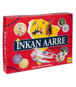 Inkan aarre -pelin punaisessa laatikossa on kuvattu tutkimusmatkailijoita, esineitä, kartta ja muinaisia symboleja keltaisella ja punaisella taustalla.