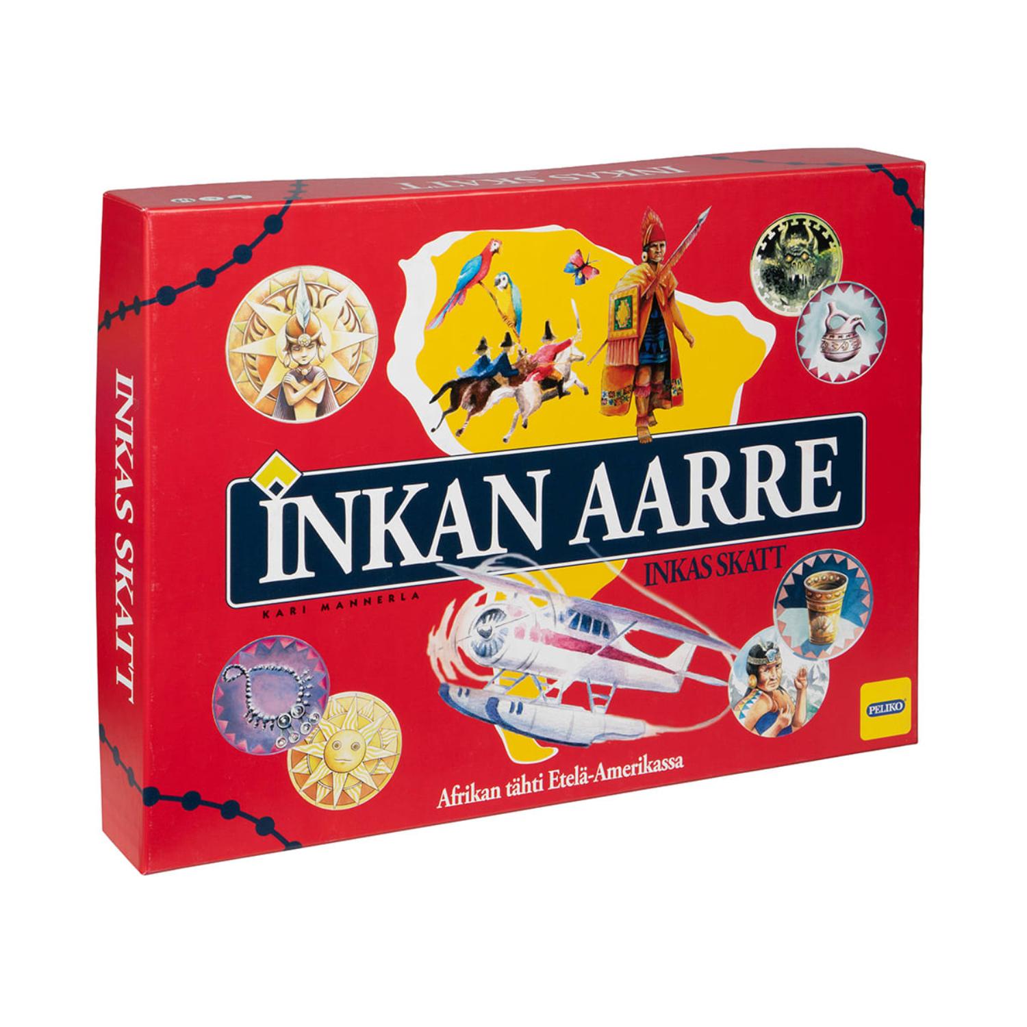 Inkan aarre -pelin punaisessa laatikossa on kuvattu tutkimusmatkailijoita, esineitä, kartta ja muinaisia symboleja keltaisella ja punaisella taustalla.