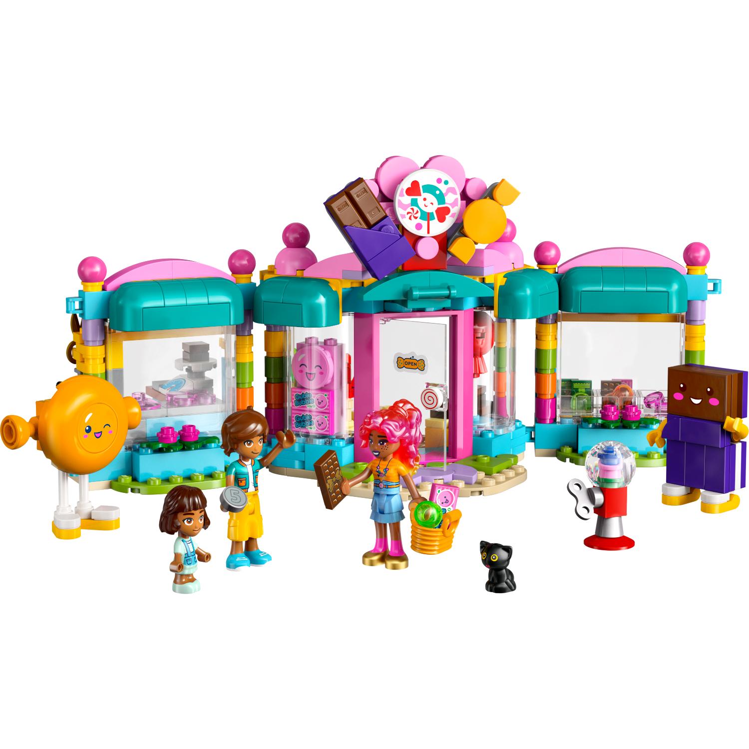 LEGO Friends -karkkikauppa-leikkisetti, jossa on kaksi minihahmoa, pieni lapsihahmo, musta kissa ja erilaisia karkkiteemaisia lisävarusteita.