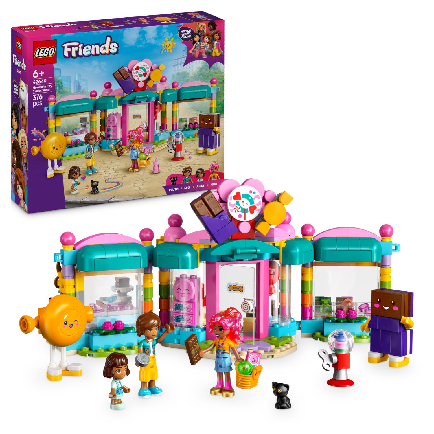 LEGO Friends Heartlake City -karkkikauppa -rakennussarja, jossa on karkkikauppa, kolme minihahmoa, kissa ja karkkiteemaisia lisävarusteita.